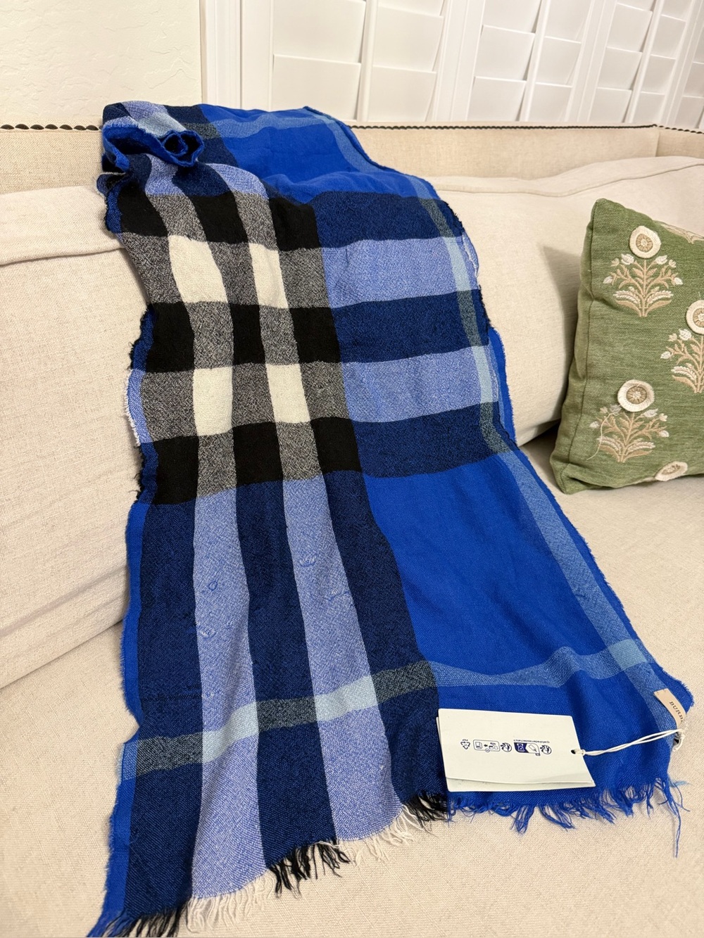 Burberry Blue Checkered Silk & Cashmere Fringed scarf